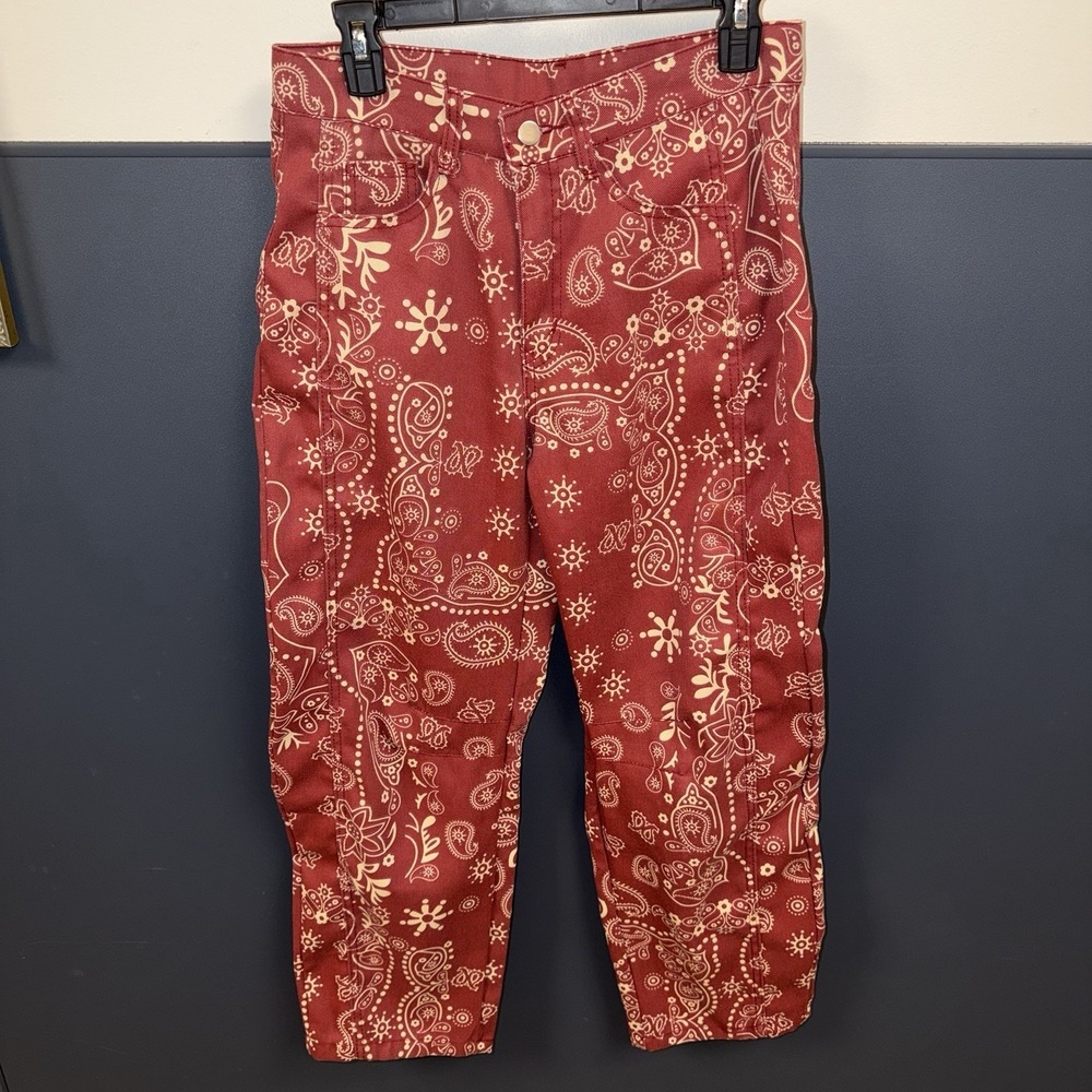 Red Bandana Paisley Printed Wide Leg Barrel Women's Jeans Size Medium 30X28